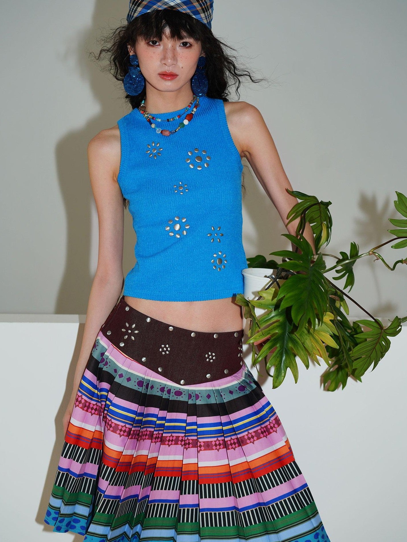 badtaste Western Rhinestone Print A Line Low Waist Women's Denim Pleated Skirts