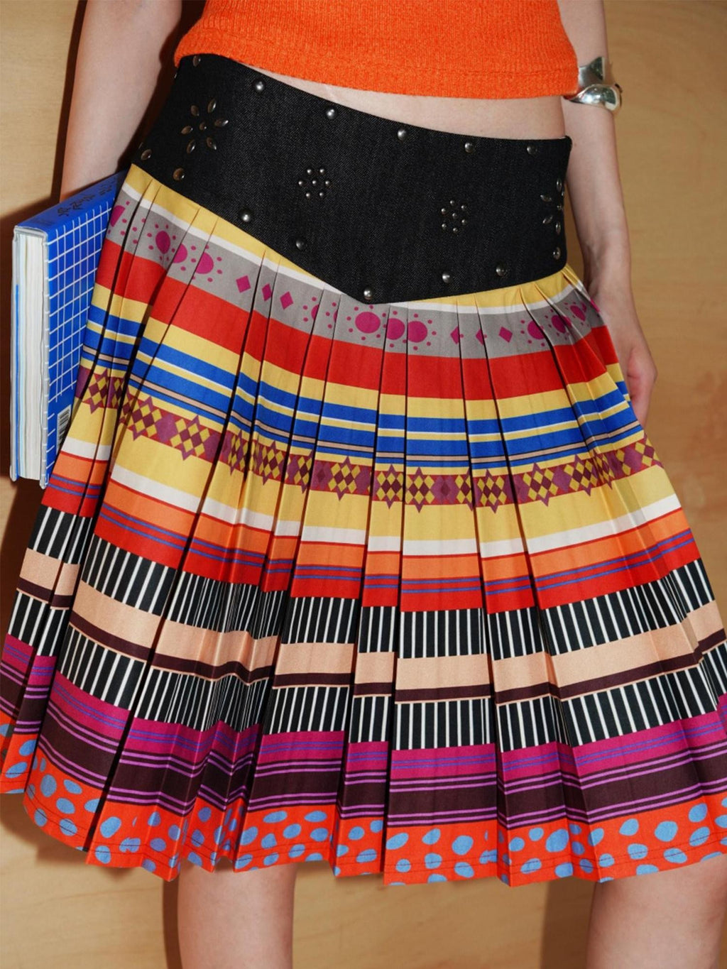badtaste Western Rhinestone Print A Line Low Waist Women's Denim Pleated Skirts
