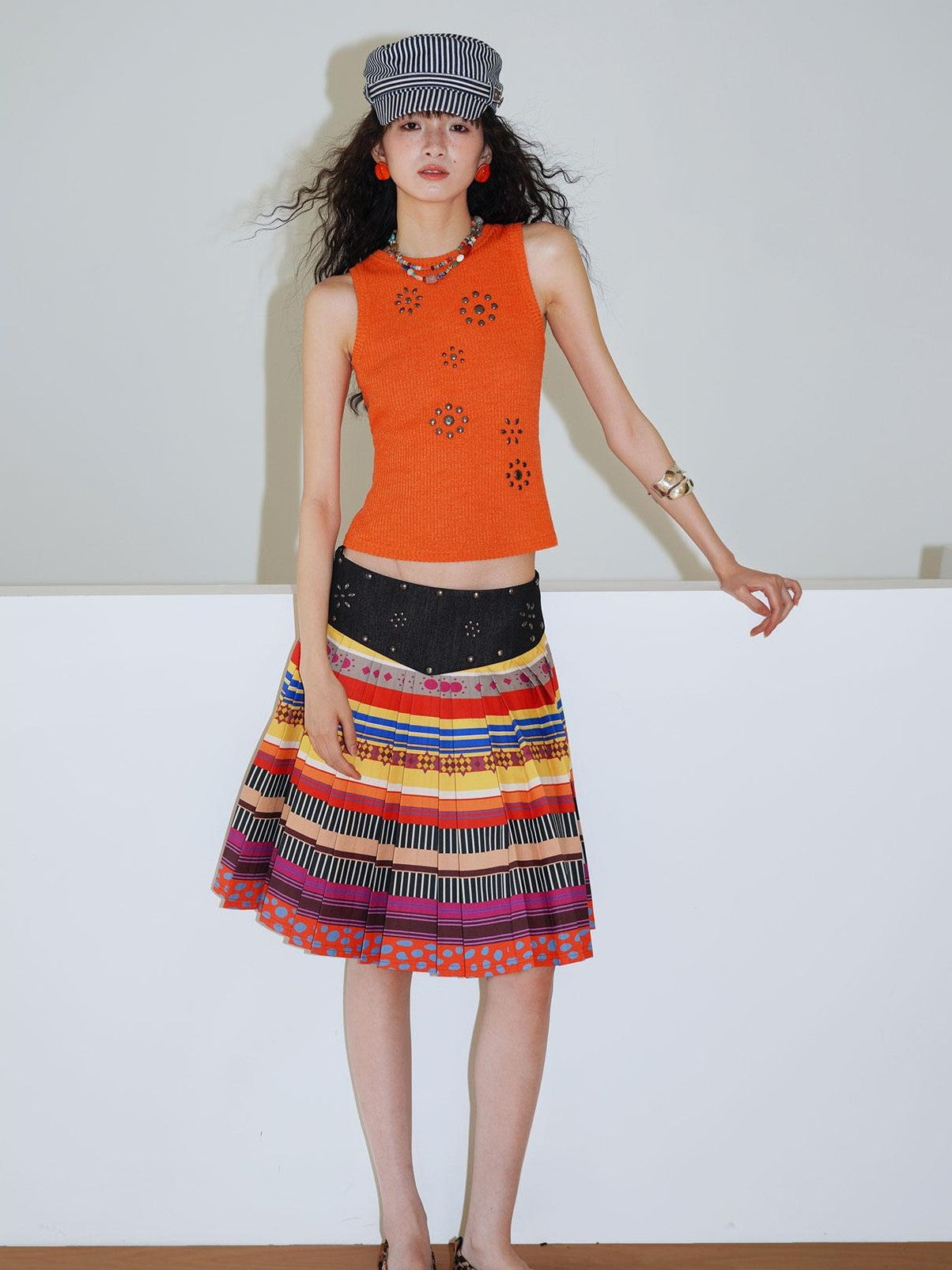 badtaste Western Rhinestone Print A Line Low Waist Women's Denim Pleated Skirts