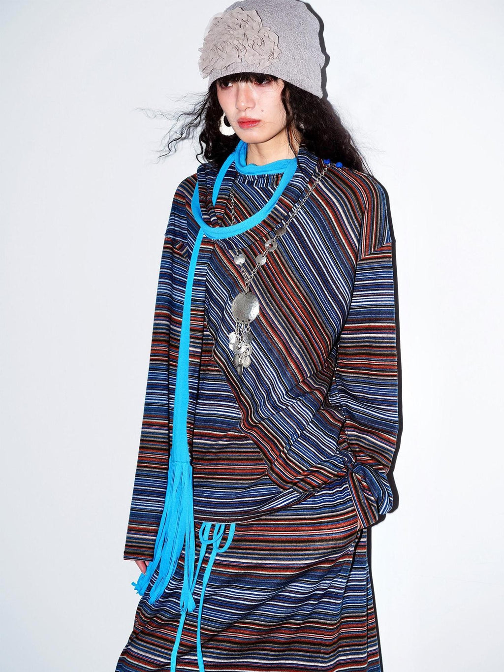 badtaste Western Scarf Attached Striped Brushed Loose Women's Long Sleeve T-shirts