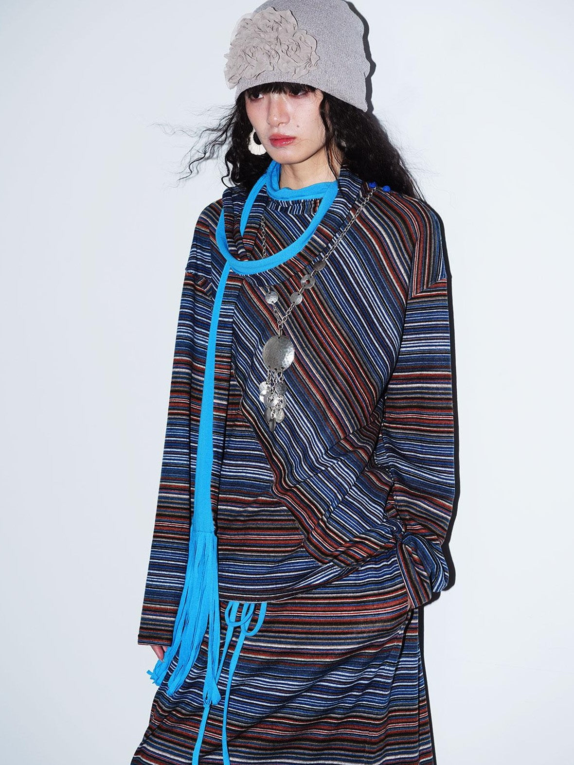 badtaste Western Scarf Attached Striped Brushed Loose Women's Long Sleeve T-shirts