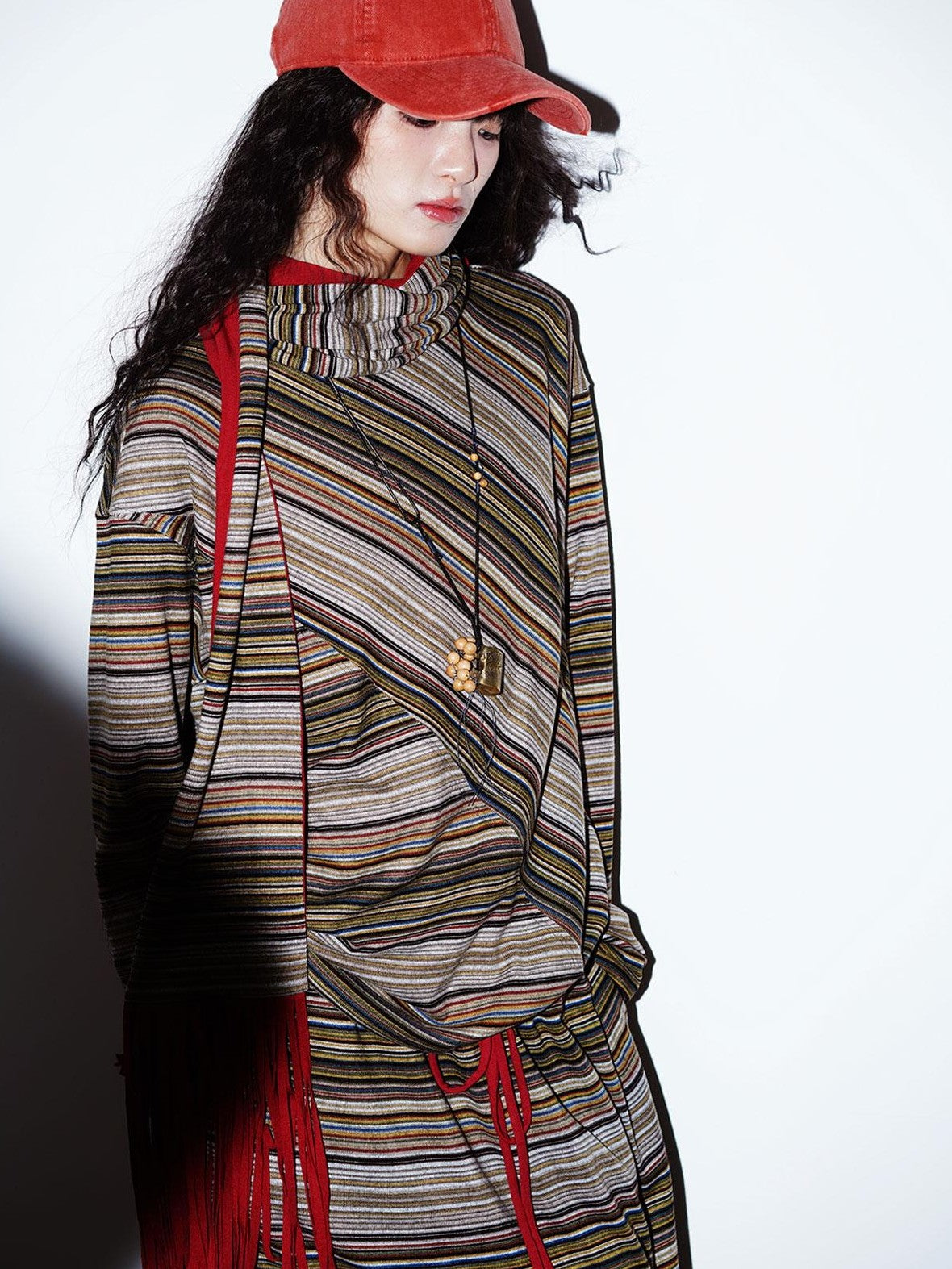 badtaste Western Scarf Attached Striped Brushed Loose Women's Long Sleeve T-shirts