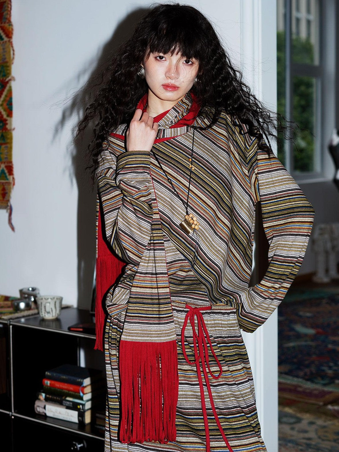 badtaste Western Scarf Attached Striped Brushed Loose Women's Long Sleeve T-shirts