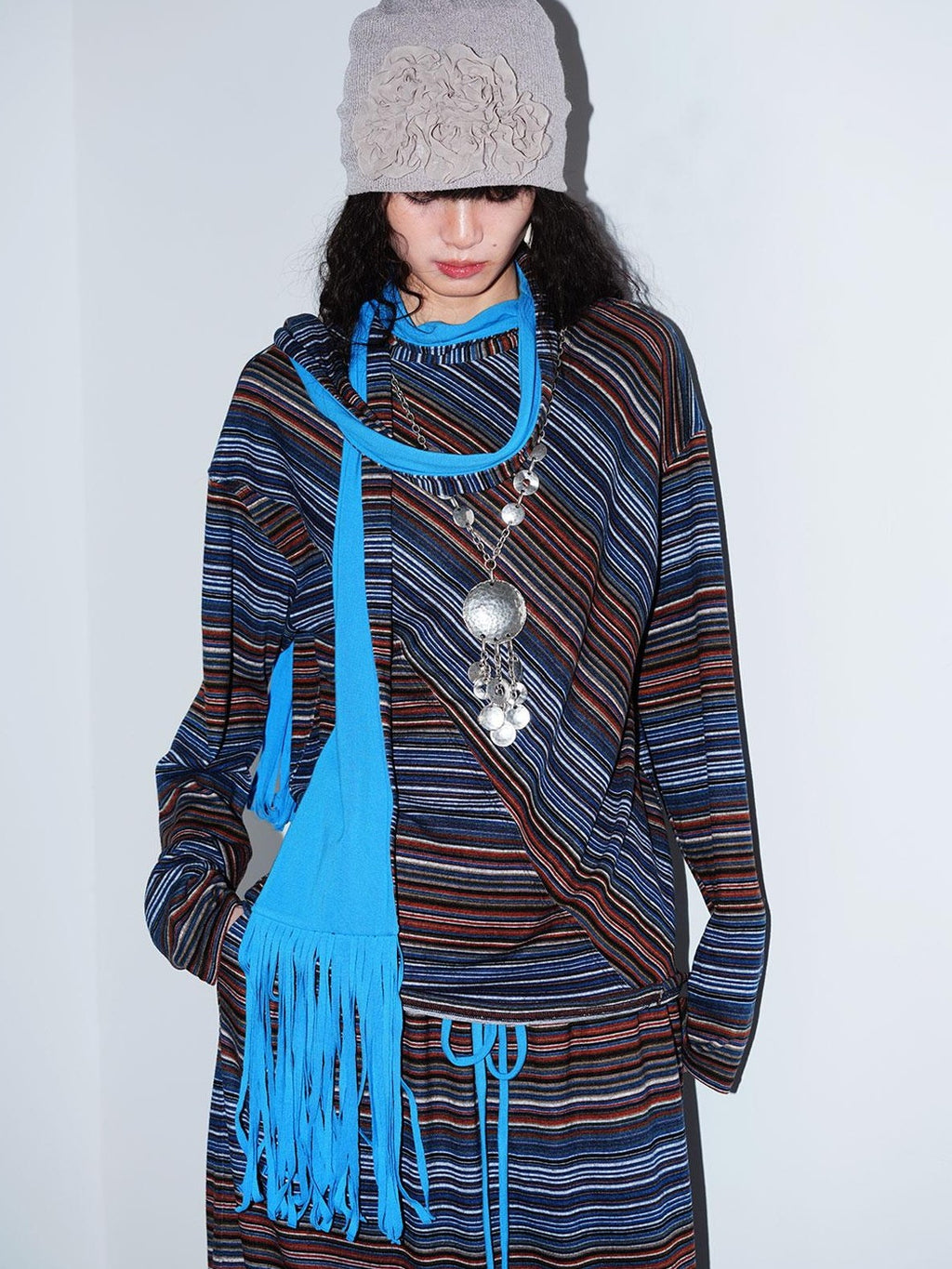 badtaste Western Scarf Attached Striped Brushed Loose Women's Long Sleeve T-shirts