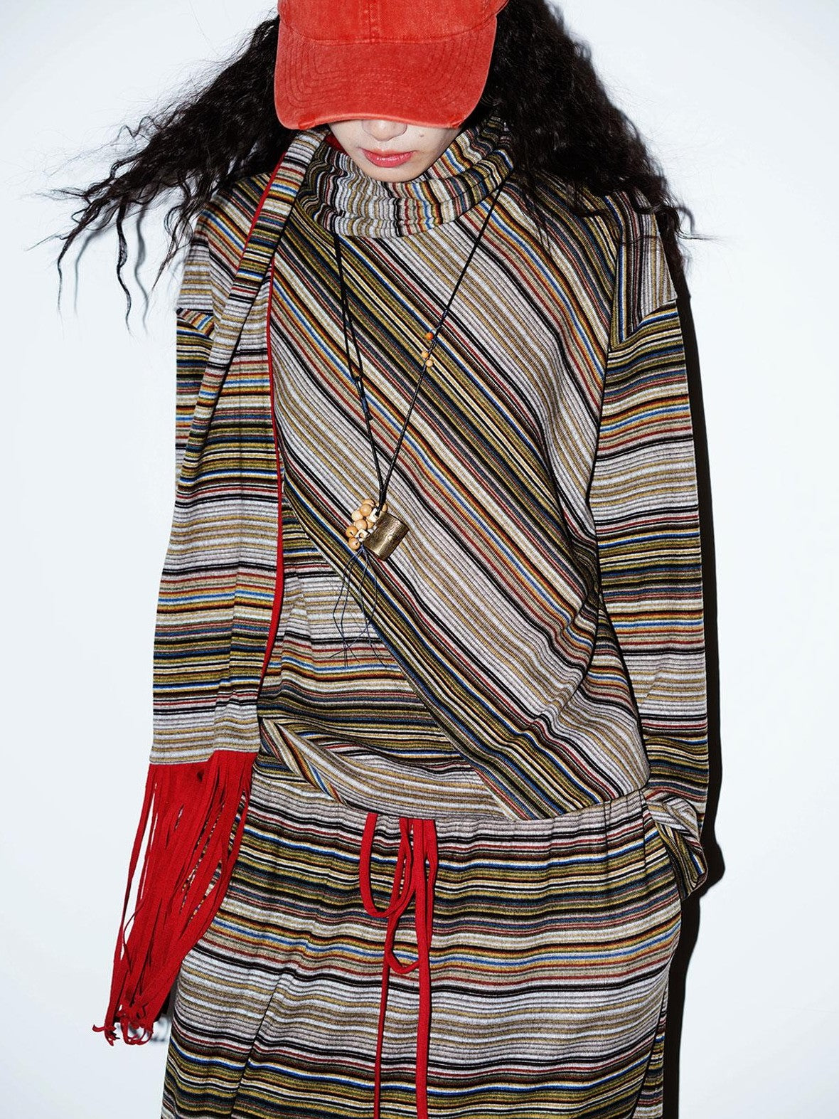 badtaste Western Scarf Attached Striped Brushed Loose Women's Long Sleeve T-shirts