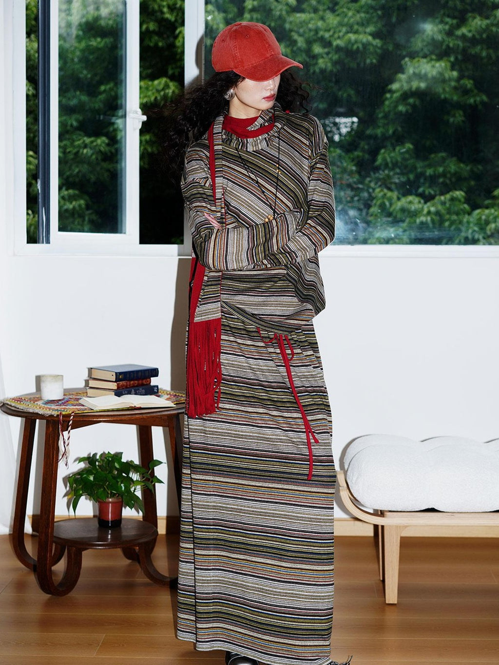 badtaste Western Scarf Attached Striped Brushed Loose Women's Long Sleeve T-shirts