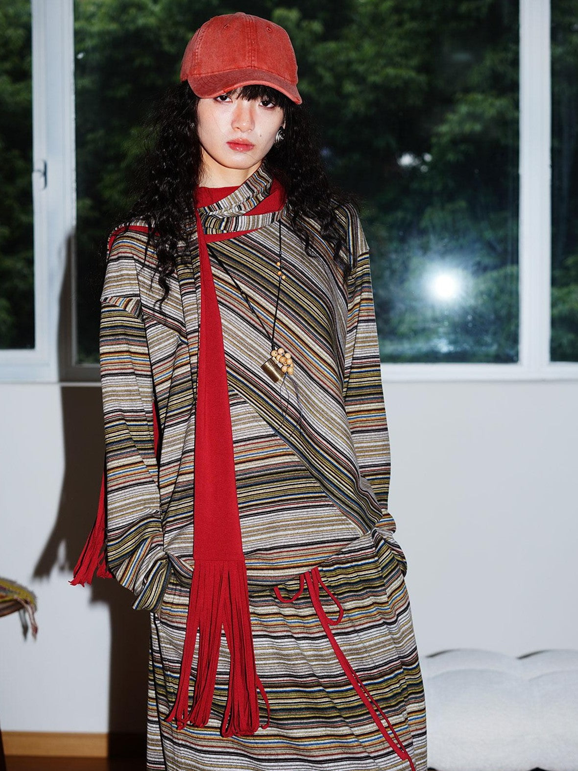 badtaste Western Scarf Attached Striped Brushed Loose Women's Long Sleeve T-shirts