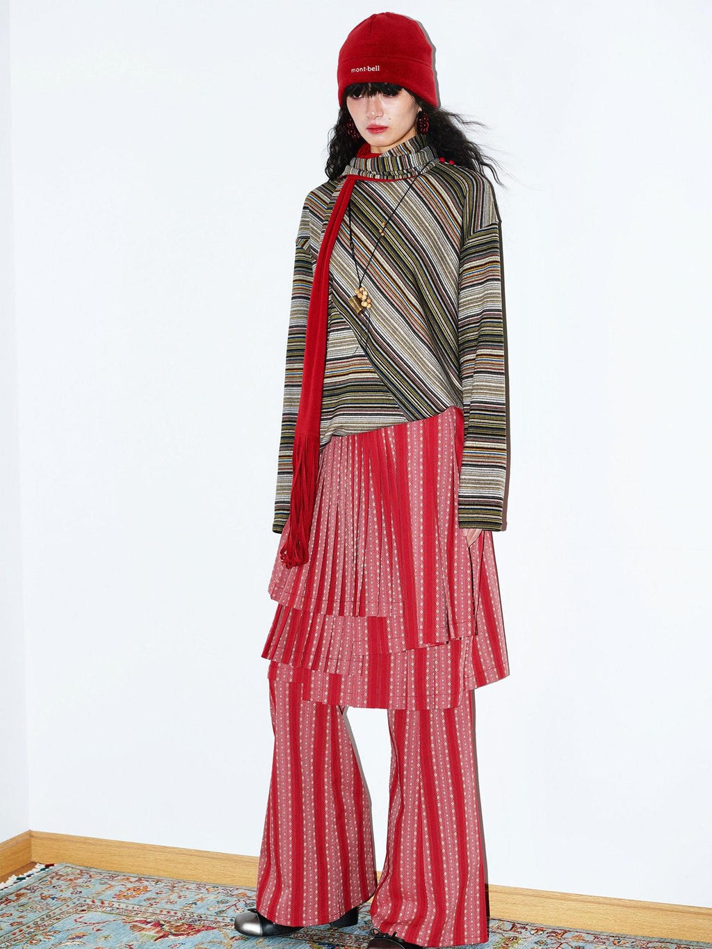 badtaste Western Scarf Attached Striped Brushed Loose Women's Long Sleeve T-shirts