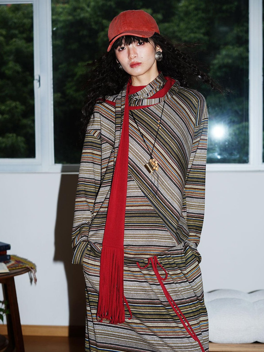 badtaste Western Scarf Attached Striped Brushed Loose Women's Long Sleeve T-shirts