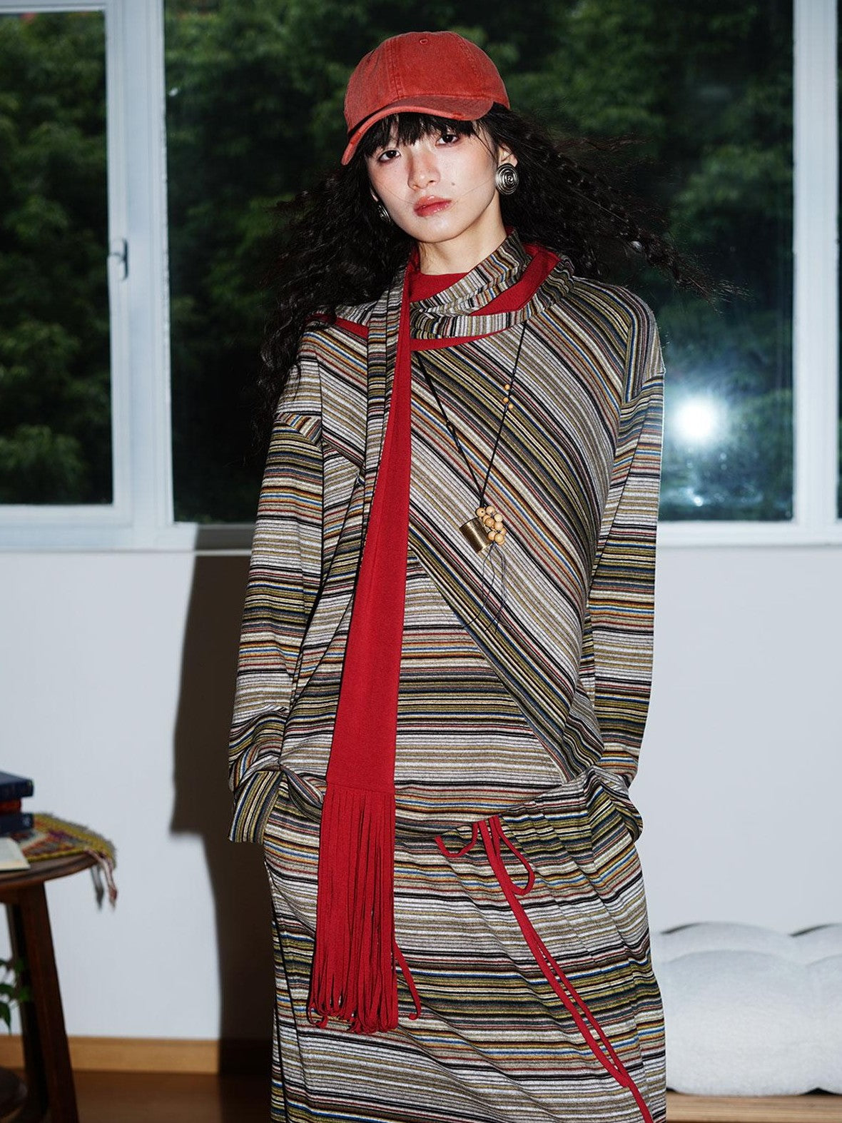 badtaste Western Scarf Attached Striped Brushed Loose Women's Long Sleeve T-shirts