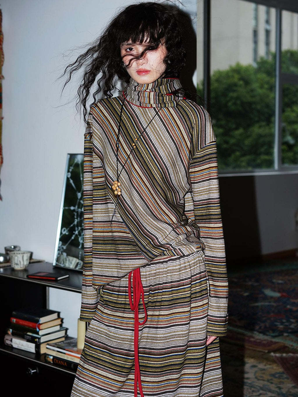 badtaste Western Scarf Attached Striped Brushed Loose Women's Long Sleeve T-shirts
