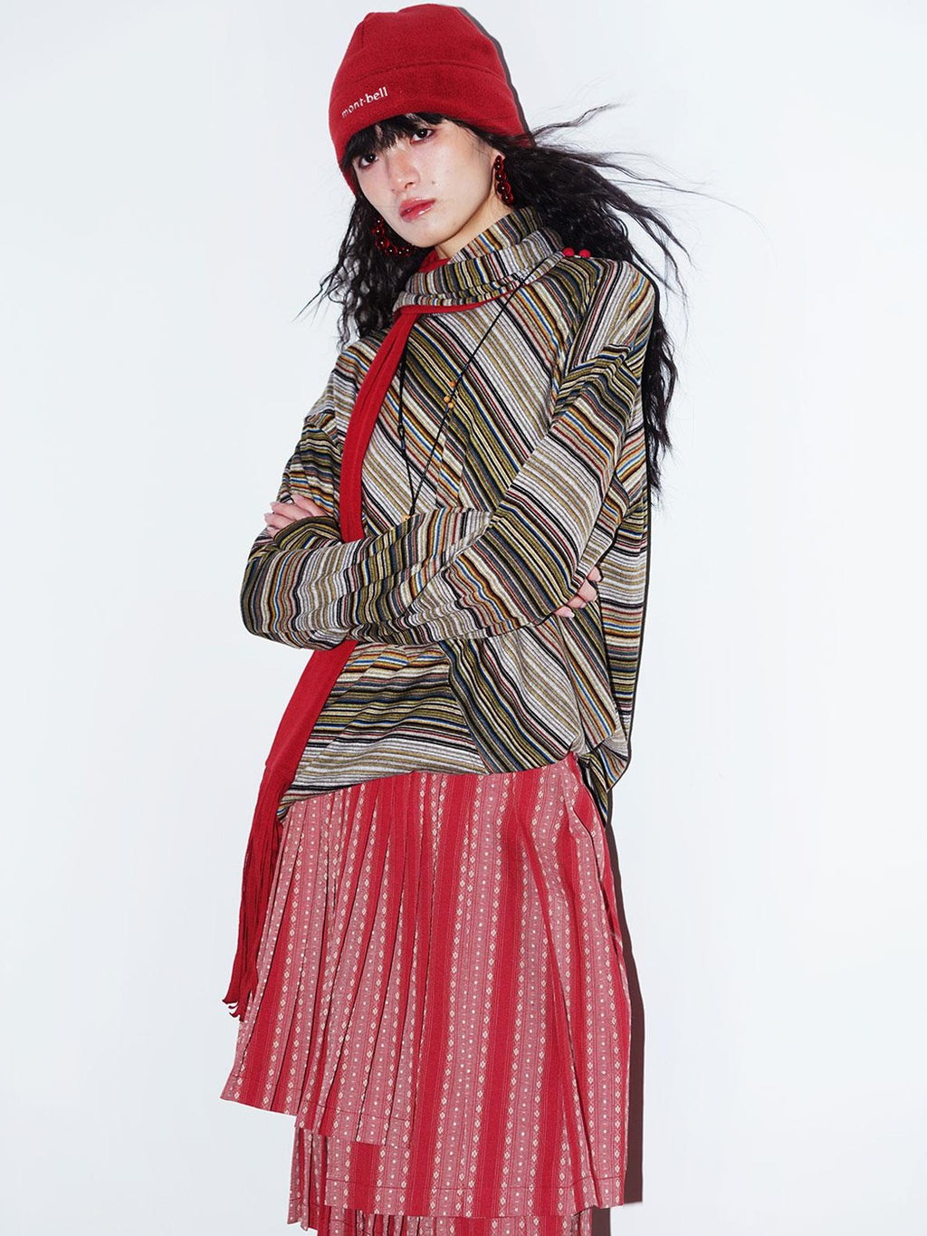 badtaste Western Scarf Attached Striped Brushed Loose Women's Long Sleeve T-shirts