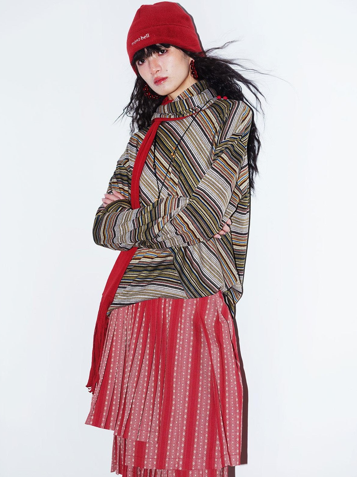 badtaste Western Scarf Attached Striped Brushed Loose Women's Long Sleeve T-shirts