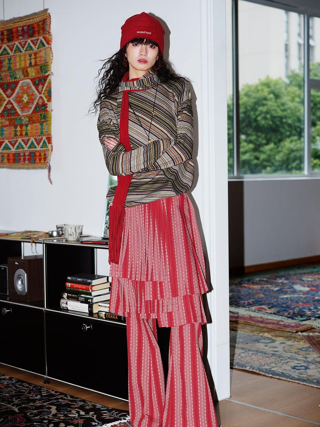 badtaste Western Scarf Attached Striped Brushed Loose Women's Long Sleeve T-shirts