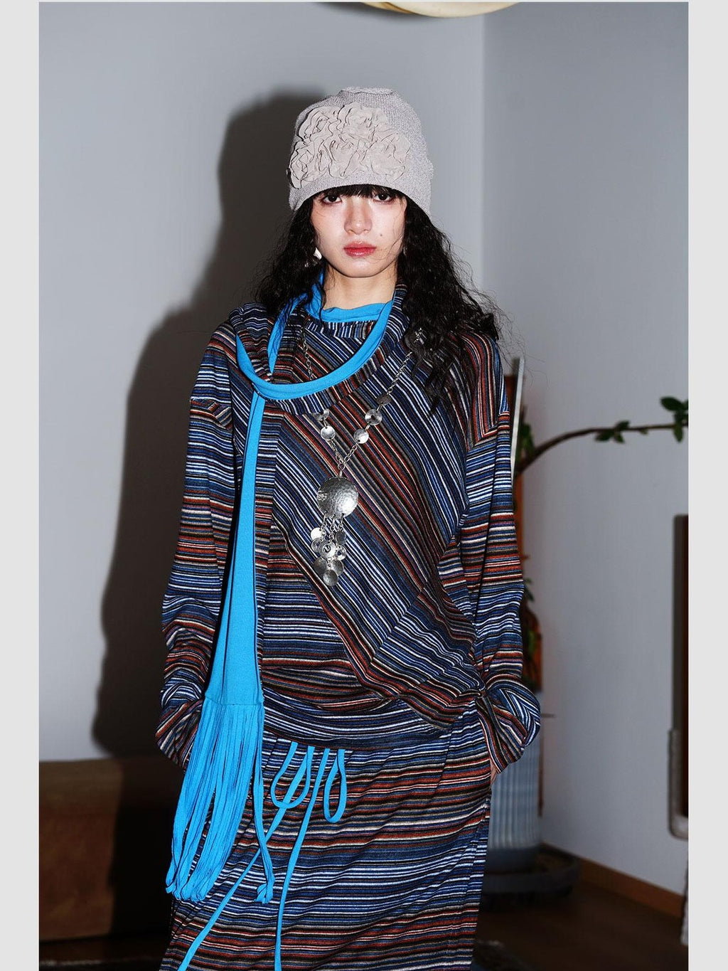badtaste Western Scarf Attached Striped Brushed Loose Women's Long Sleeve T-shirts