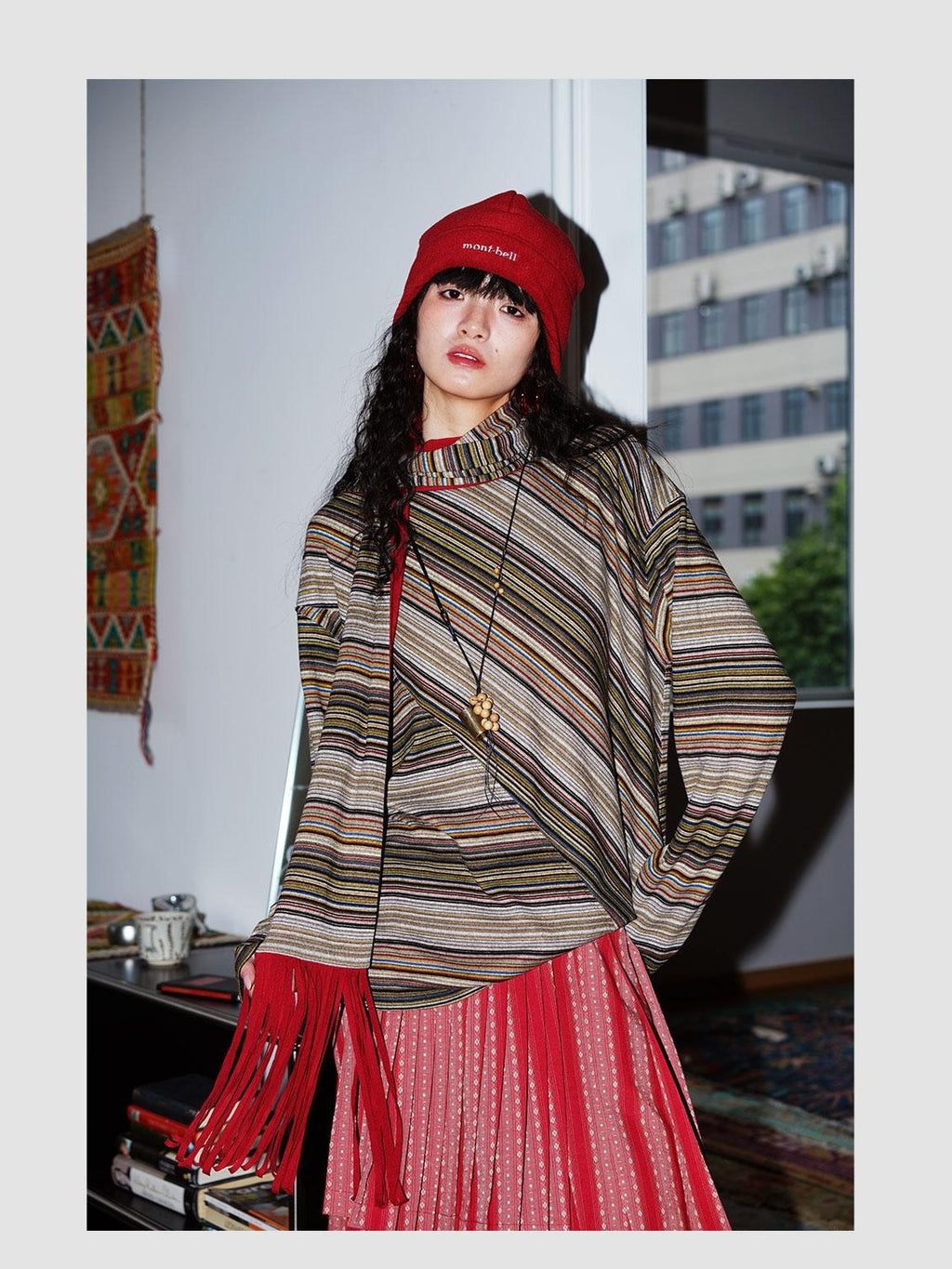 badtaste Western Scarf Attached Striped Brushed Loose Women's Long Sleeve T-shirts