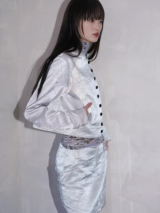 badtaste Western Shimmer Pleated Solid Short Stand Collar Button Women's Cropped Jackets