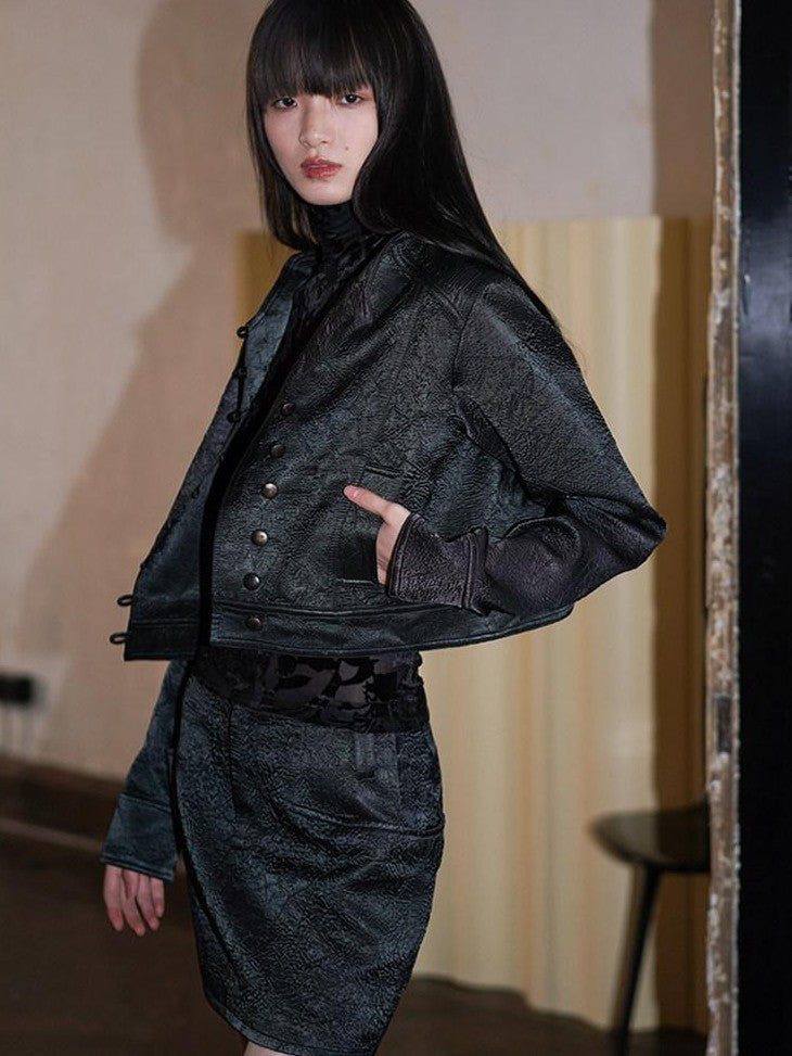 badtaste Western Shimmer Pleated Solid Short Stand Collar Button Women's Cropped Jackets