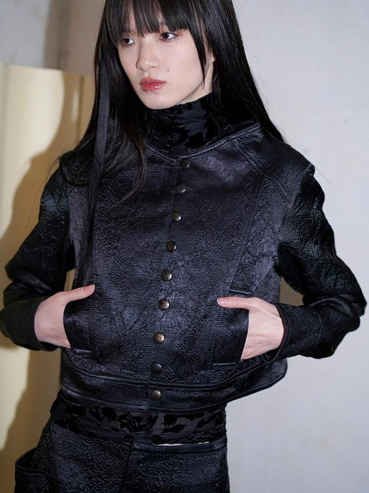 badtaste Western Shimmer Pleated Solid Short Stand Collar Button Women's Cropped Jackets