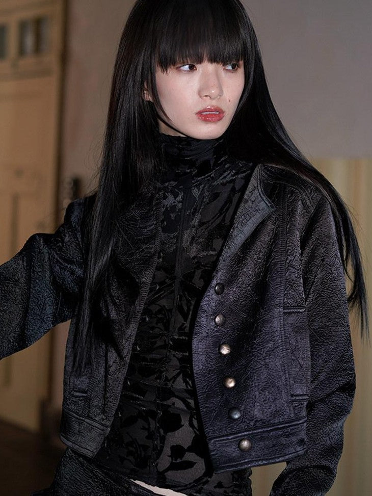badtaste Western Shimmer Pleated Solid Short Stand Collar Button Women's Cropped Jackets