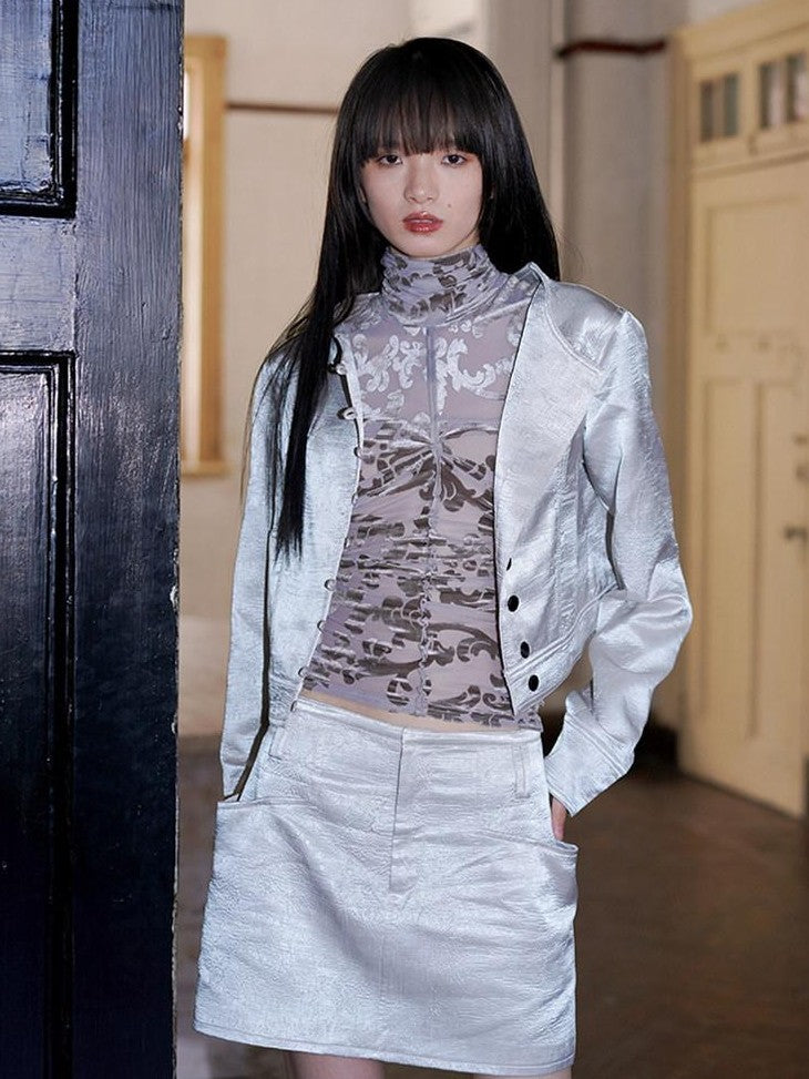 badtaste Western Shimmer Pleated Solid Short Stand Collar Button Women's Cropped Jackets