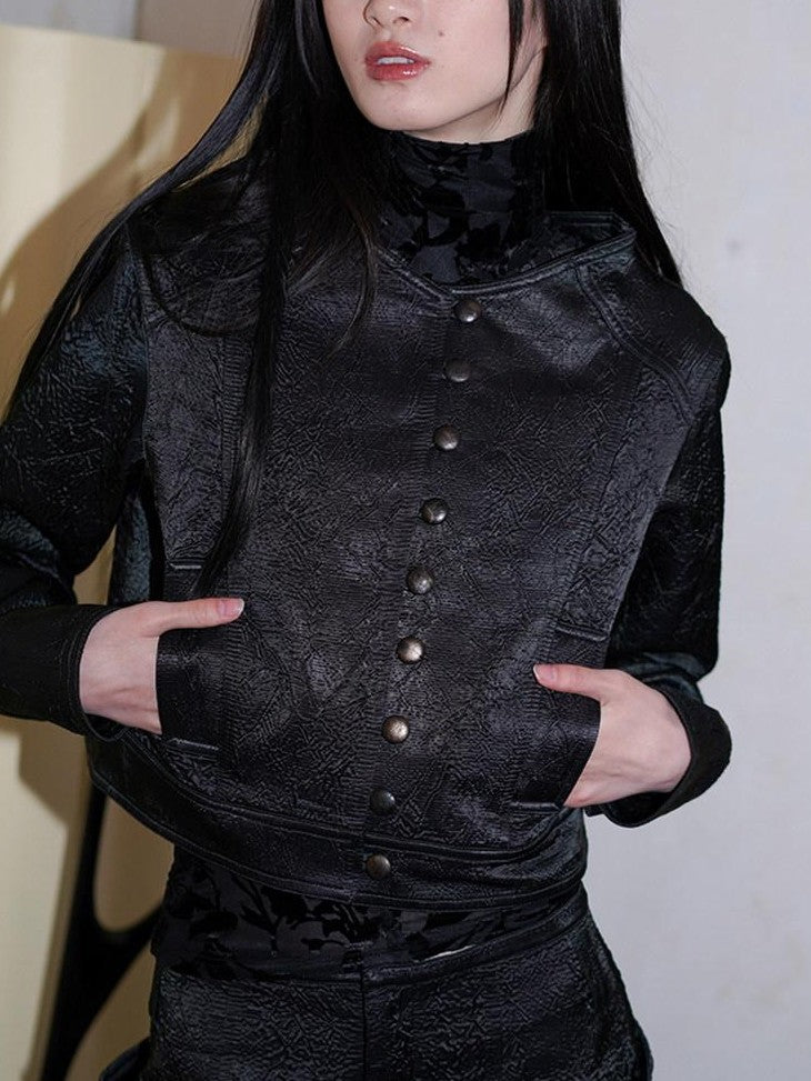 badtaste Western Shimmer Pleated Solid Short Stand Collar Button Women's Cropped Jackets