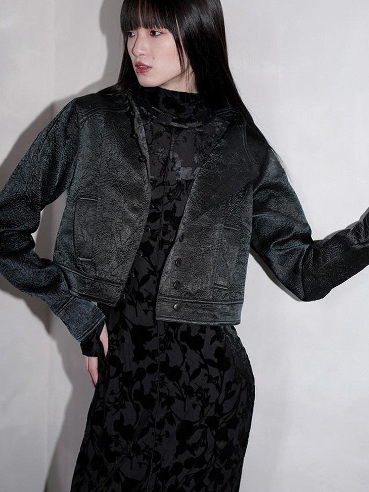 badtaste Western Shimmer Pleated Solid Short Stand Collar Button Women's Cropped Jackets