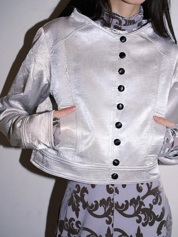 badtaste Western Shimmer Pleated Solid Short Stand Collar Button Women's Cropped Jackets