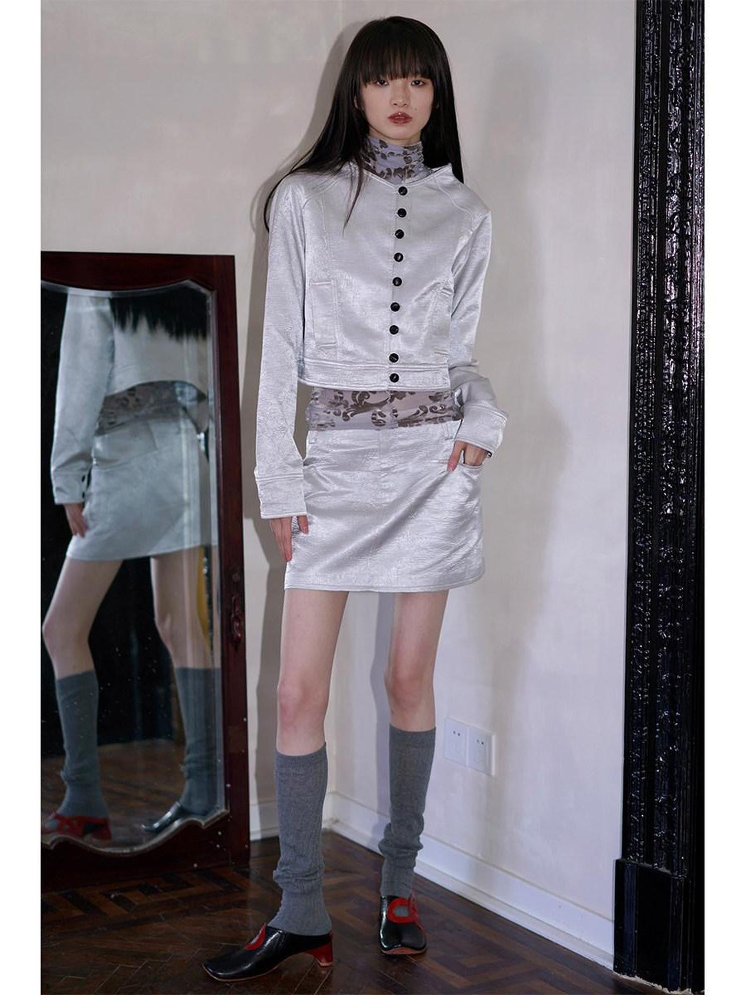 badtaste Western Shimmer Pleated Solid Short Stand Collar Button Women's Cropped Jackets