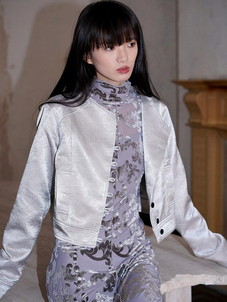 badtaste Western Shimmer Pleated Solid Short Stand Collar Button Women's Cropped Jackets