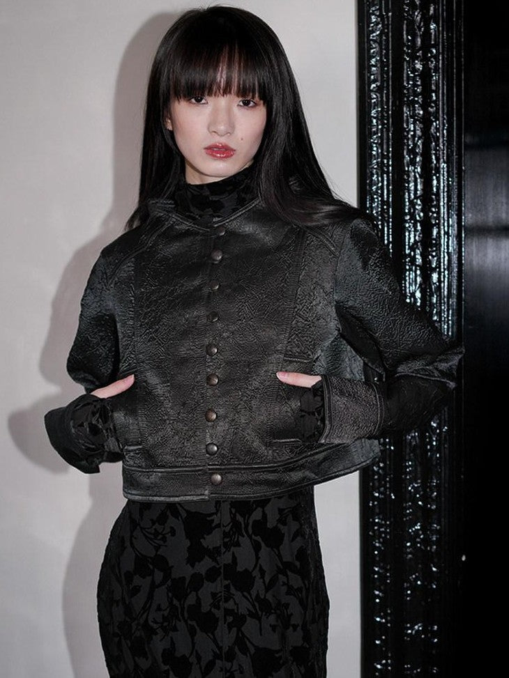 badtaste Western Shimmer Pleated Solid Short Stand Collar Button Women's Cropped Jackets