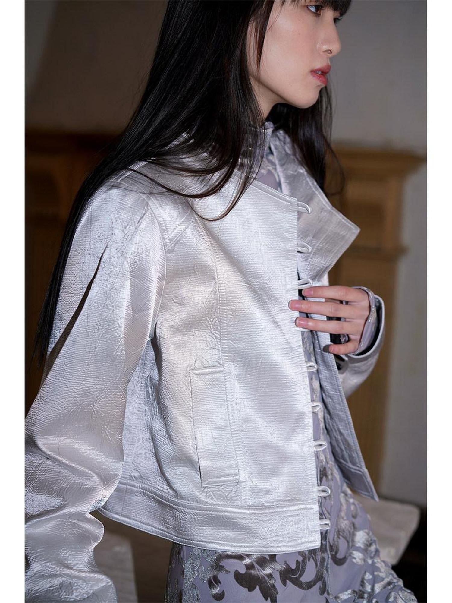 badtaste Western Shimmer Pleated Solid Short Stand Collar Button Women's Cropped Jackets