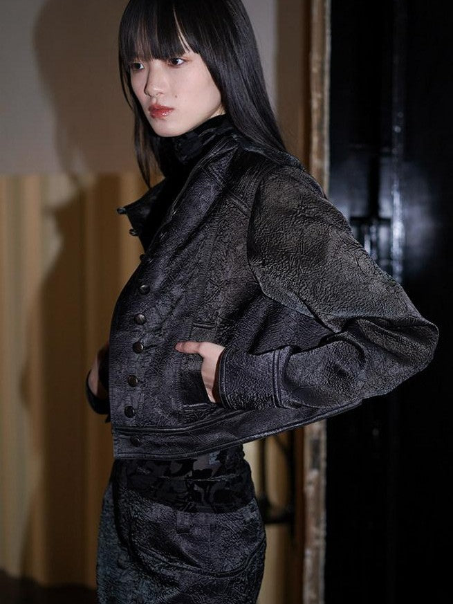 badtaste Western Shimmer Pleated Solid Short Stand Collar Button Women's Cropped Jackets