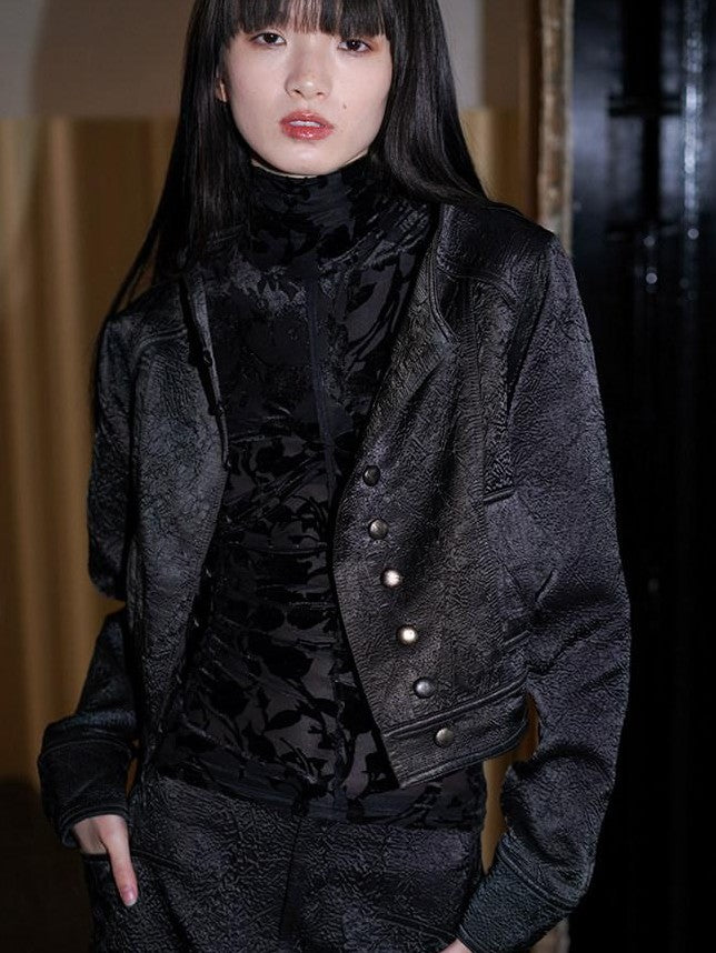 badtaste Western Shimmer Pleated Solid Short Stand Collar Button Women's Cropped Jackets