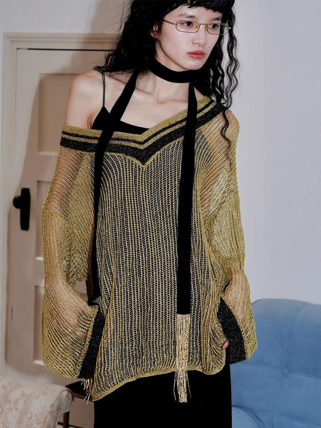 badtaste Western Shimmer V-neck Uv Protective Women's Metallic Yarn Pullover Sweaters