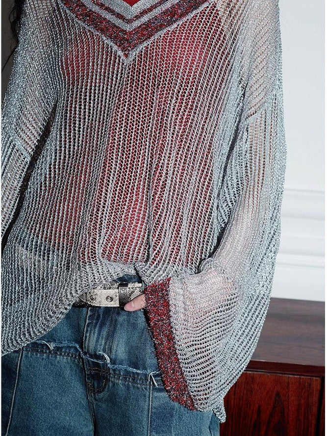 badtaste Western Shimmer V-neck Uv Protective Women's Metallic Yarn Pullover Sweaters