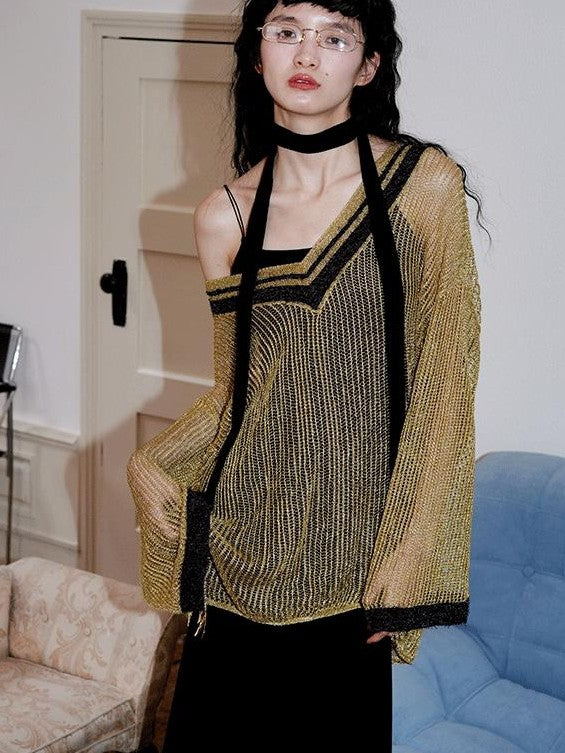 badtaste Western Shimmer V-neck Uv Protective Women's Metallic Yarn Pullover Sweaters