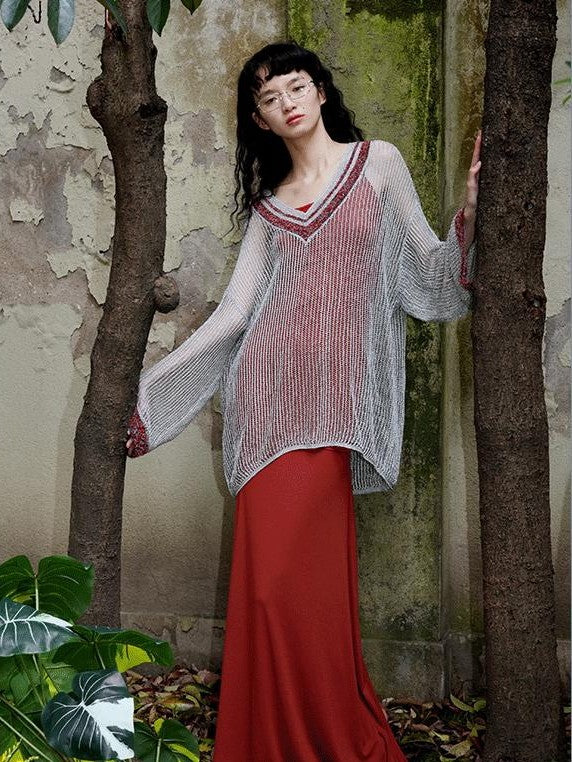badtaste Western Shimmer V-neck Uv Protective Women's Metallic Yarn Pullover Sweaters