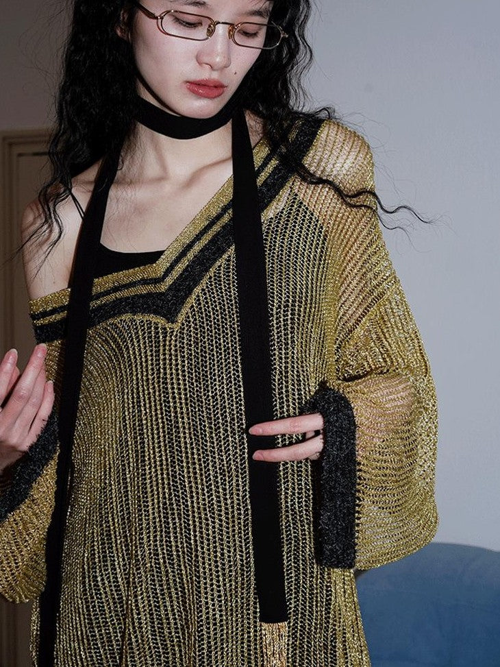 badtaste Western Shimmer V-neck Uv Protective Women's Metallic Yarn Pullover Sweaters