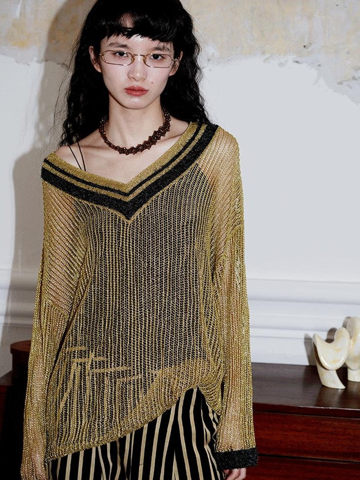 badtaste Western Shimmer V-neck Uv Protective Women's Metallic Yarn Pullover Sweaters