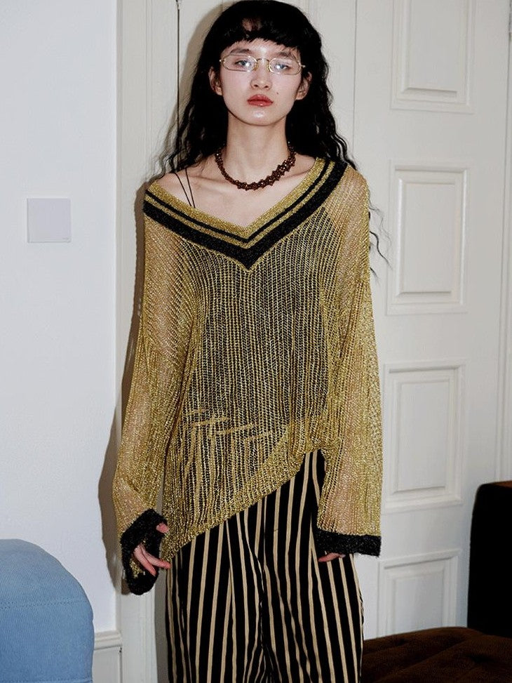 badtaste Western Shimmer V-neck Uv Protective Women's Metallic Yarn Pullover Sweaters