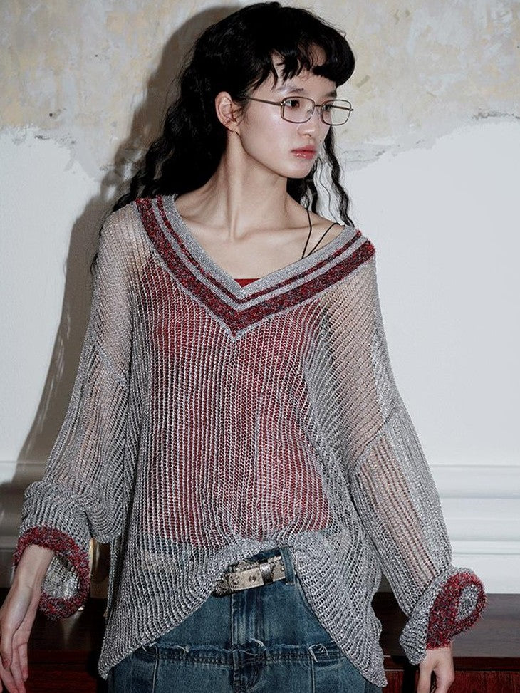 badtaste Western Shimmer V-neck Uv Protective Women's Metallic Yarn Pullover Sweaters