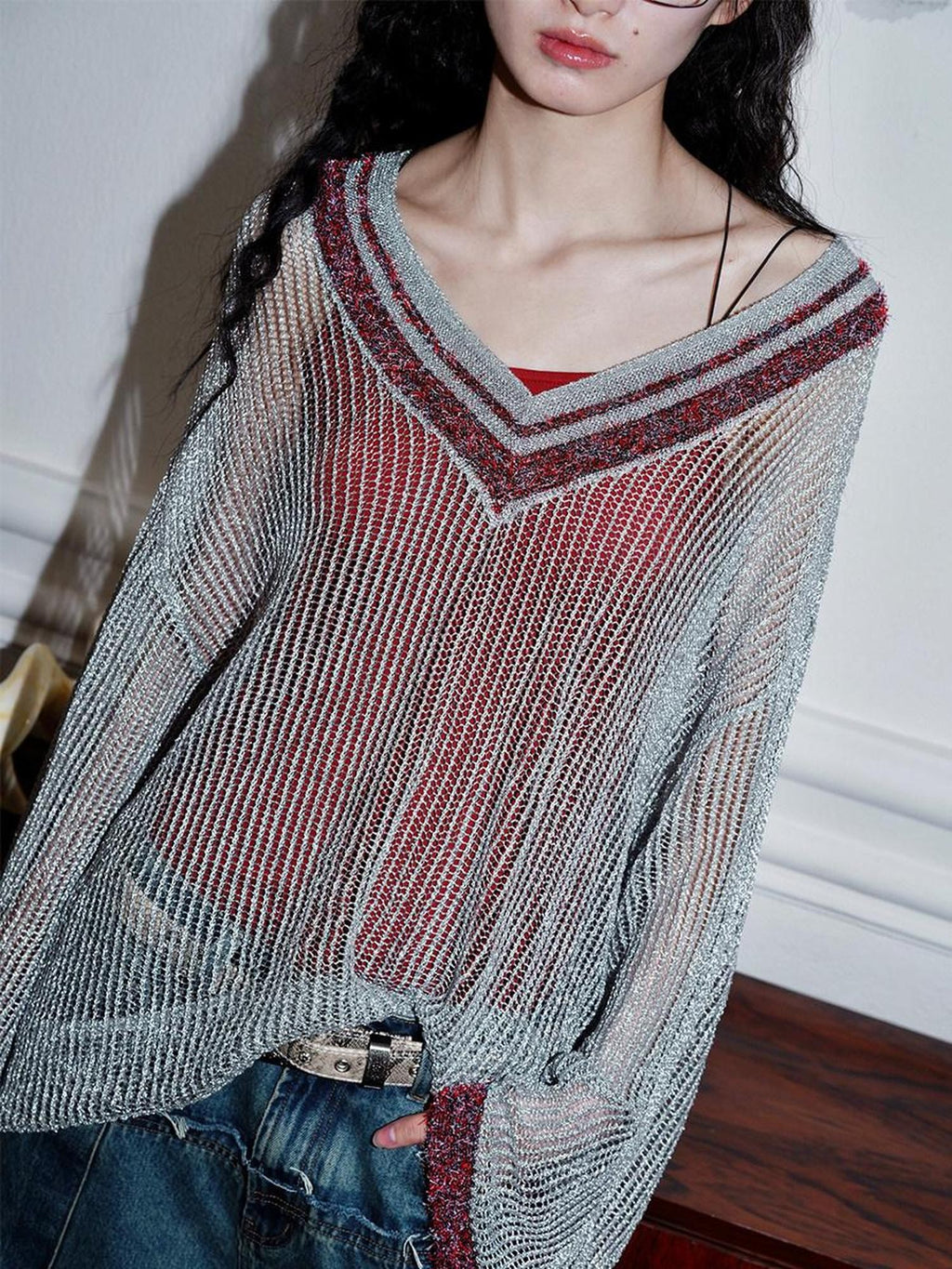 badtaste Western Shimmer V-neck Uv Protective Women's Metallic Yarn Pullover Sweaters