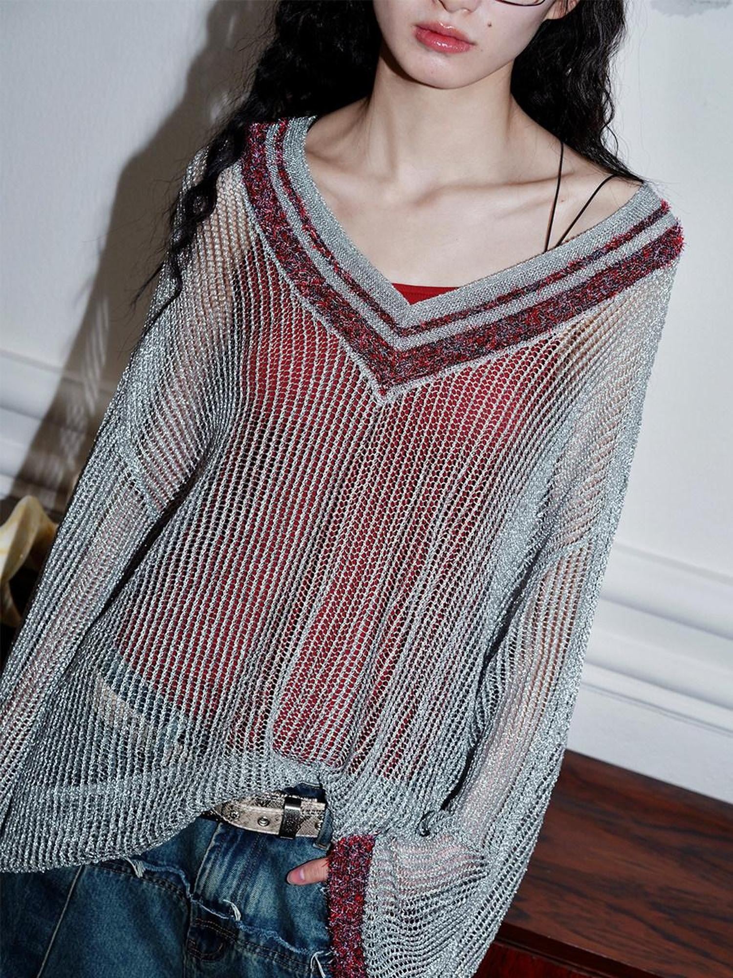 badtaste Western Shimmer V-neck Uv Protective Women's Metallic Yarn Pullover Sweaters