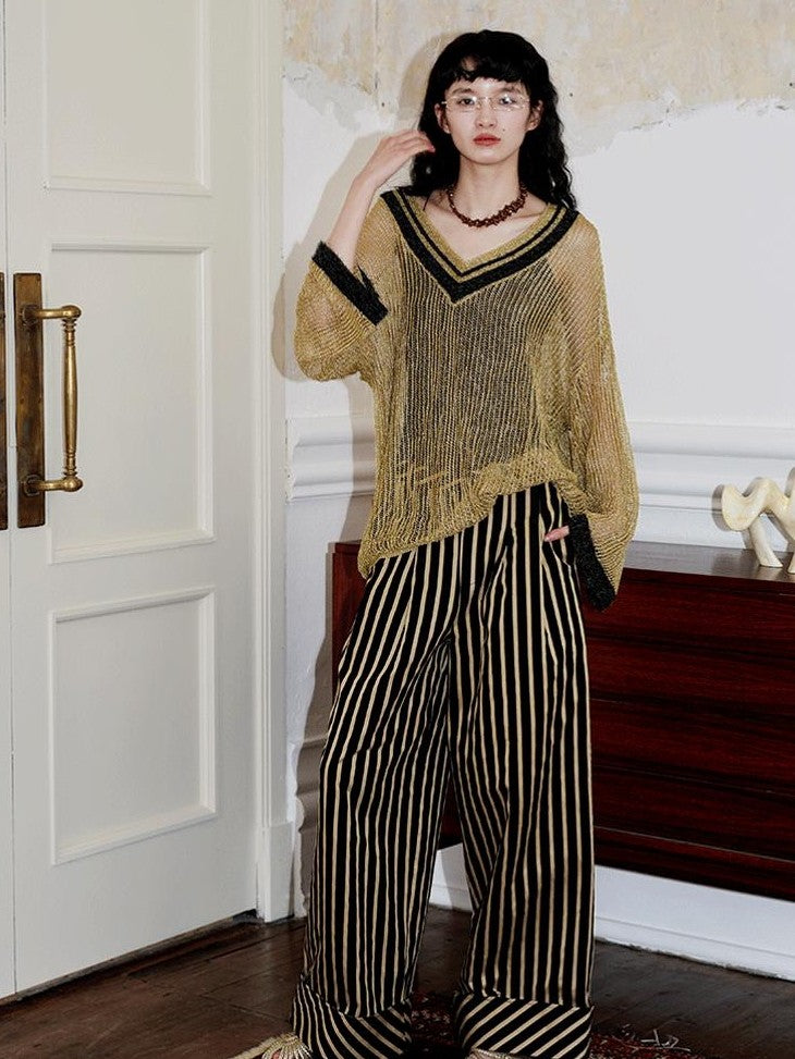 badtaste Western Shimmer V-neck Uv Protective Women's Metallic Yarn Pullover Sweaters