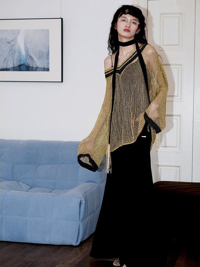 badtaste Western Shimmer V-neck Uv Protective Women's Metallic Yarn Pullover Sweaters