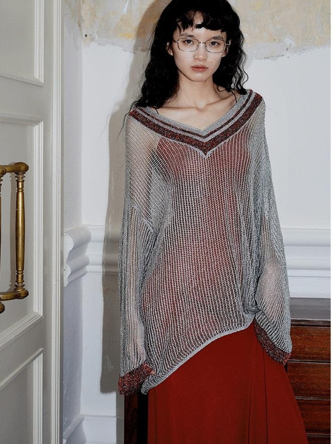 badtaste Western Shimmer V-neck Uv Protective Women's Metallic Yarn Pullover Sweaters