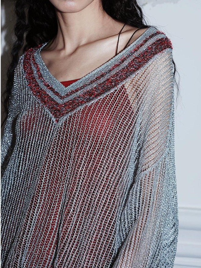 badtaste Western Shimmer V-neck Uv Protective Women's Metallic Yarn Pullover Sweaters