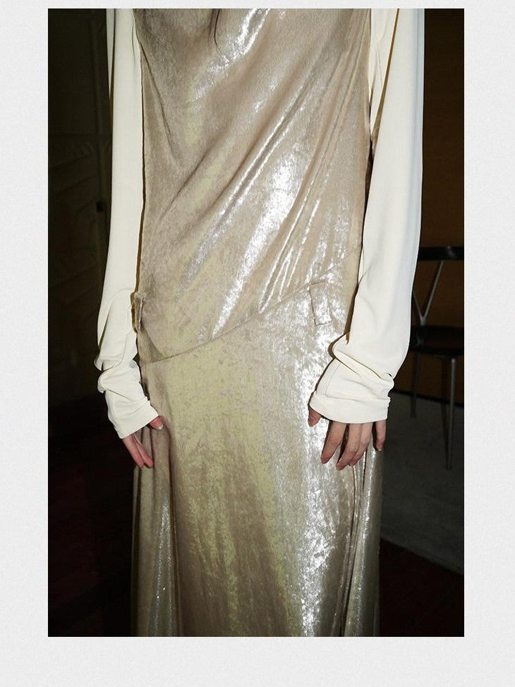 badtaste Western Shiny Solid Loose Long Sleeve Women's Special Fabric Casual Maxi Dresses