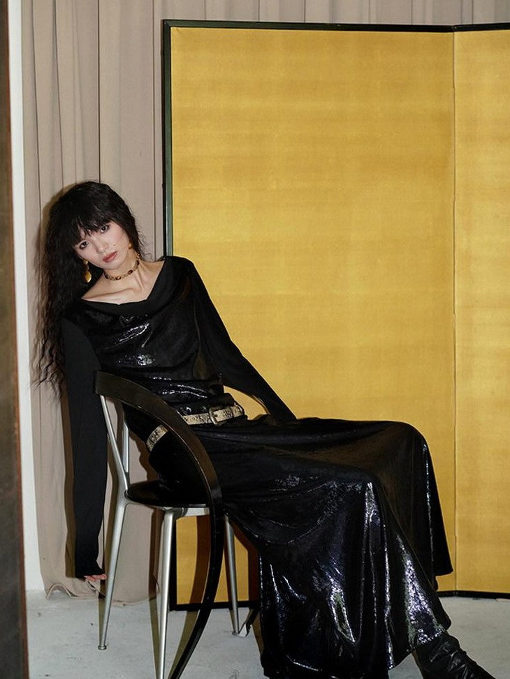 badtaste Western Shiny Solid Loose Long Sleeve Women's Special Fabric Casual Maxi Dresses
